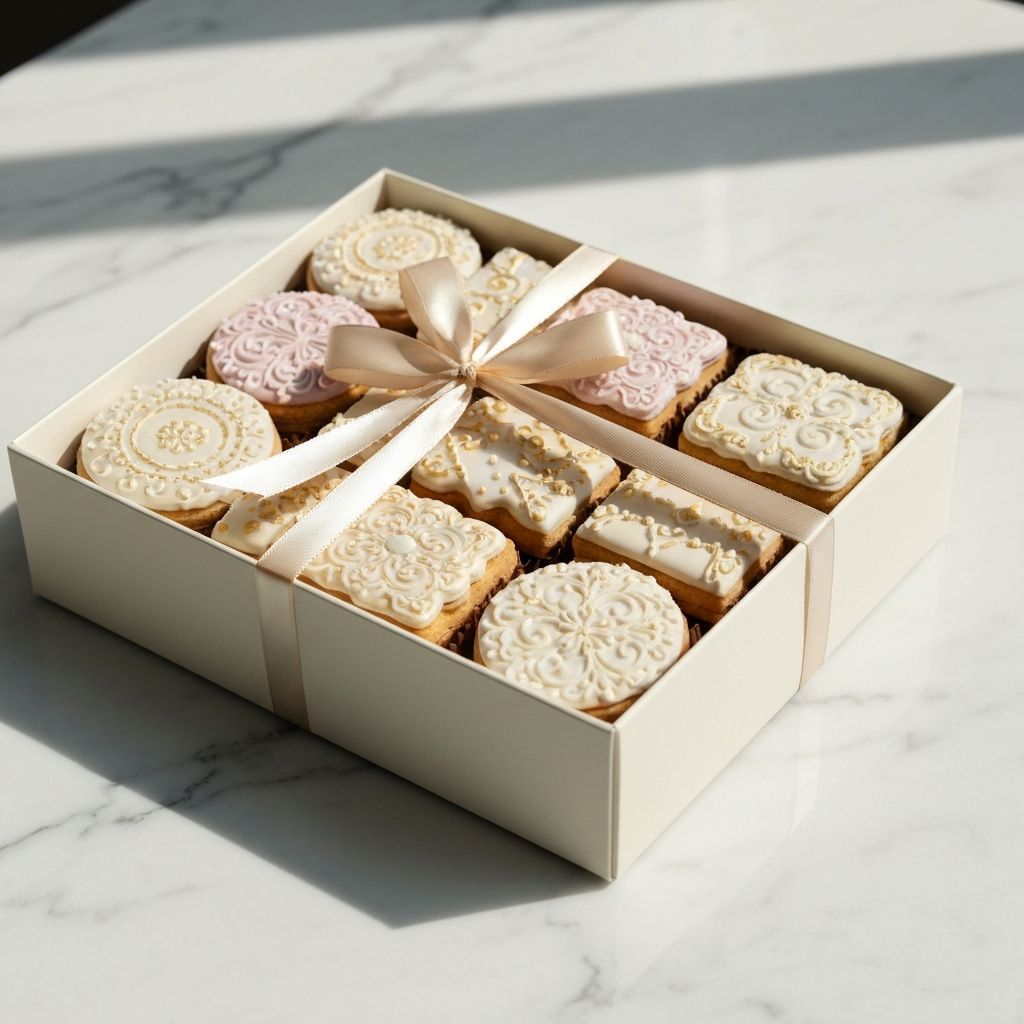 Elegantly presented gift box of decorated custom cookies